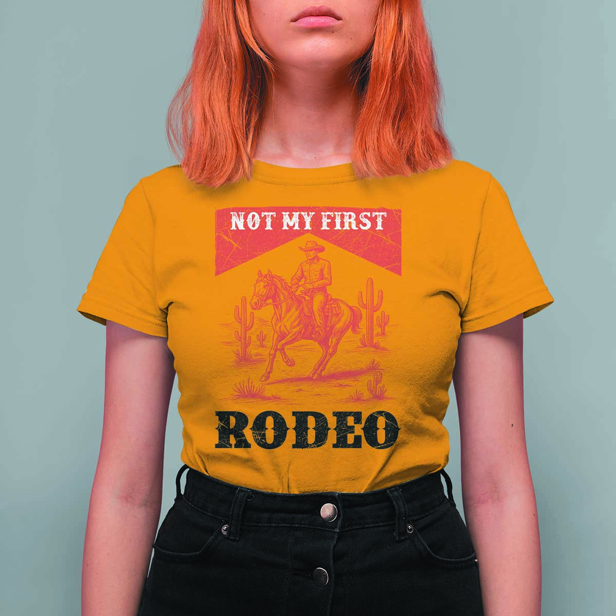 Not My First Rodeo Vintage Cowboy Graphic T Shirt For Women Retro Western Desert Scene with Horse and Cactus