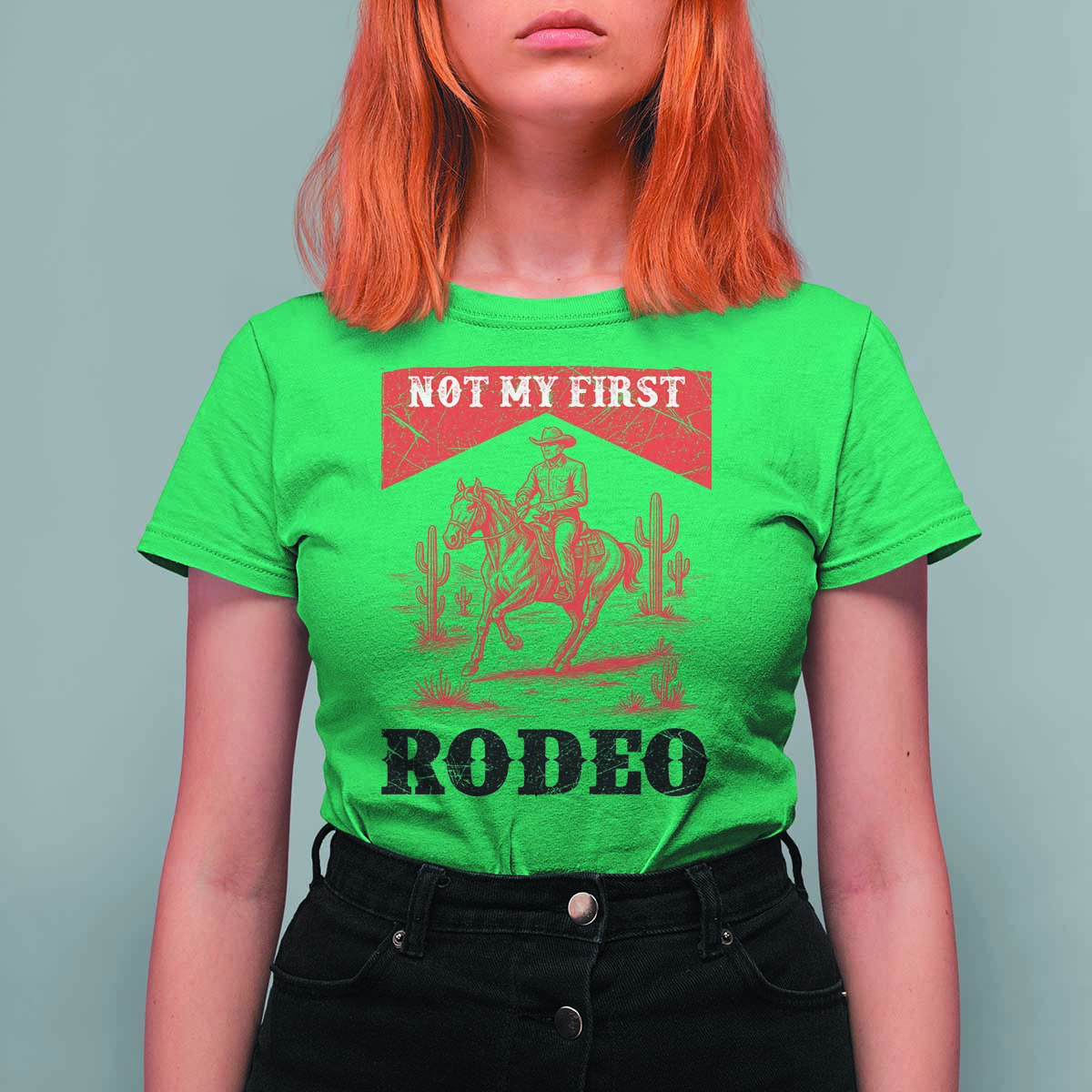 Not My First Rodeo Vintage Cowboy Graphic T Shirt For Women Retro Western Desert Scene with Horse and Cactus