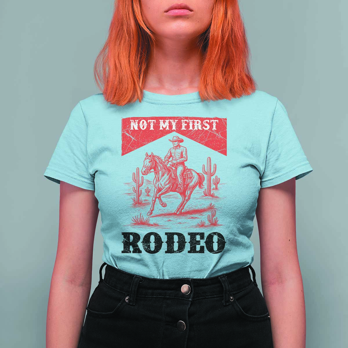 Not My First Rodeo Vintage Cowboy Graphic T Shirt For Women Retro Western Desert Scene with Horse and Cactus