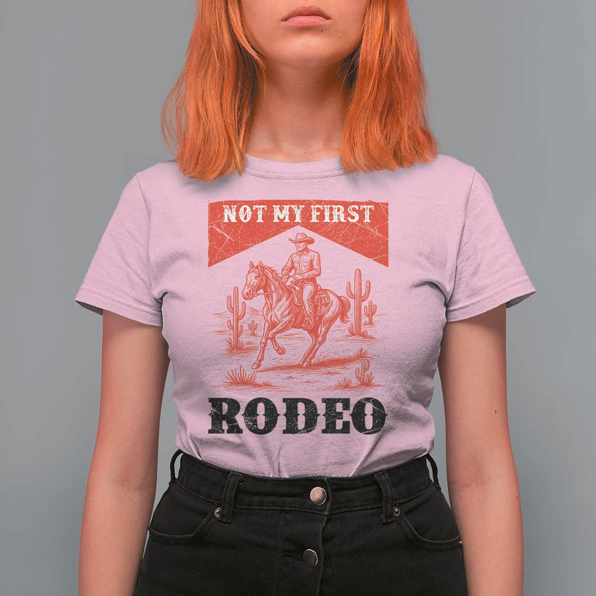 Not My First Rodeo Vintage Cowboy Graphic T Shirt For Women Retro Western Desert Scene with Horse and Cactus