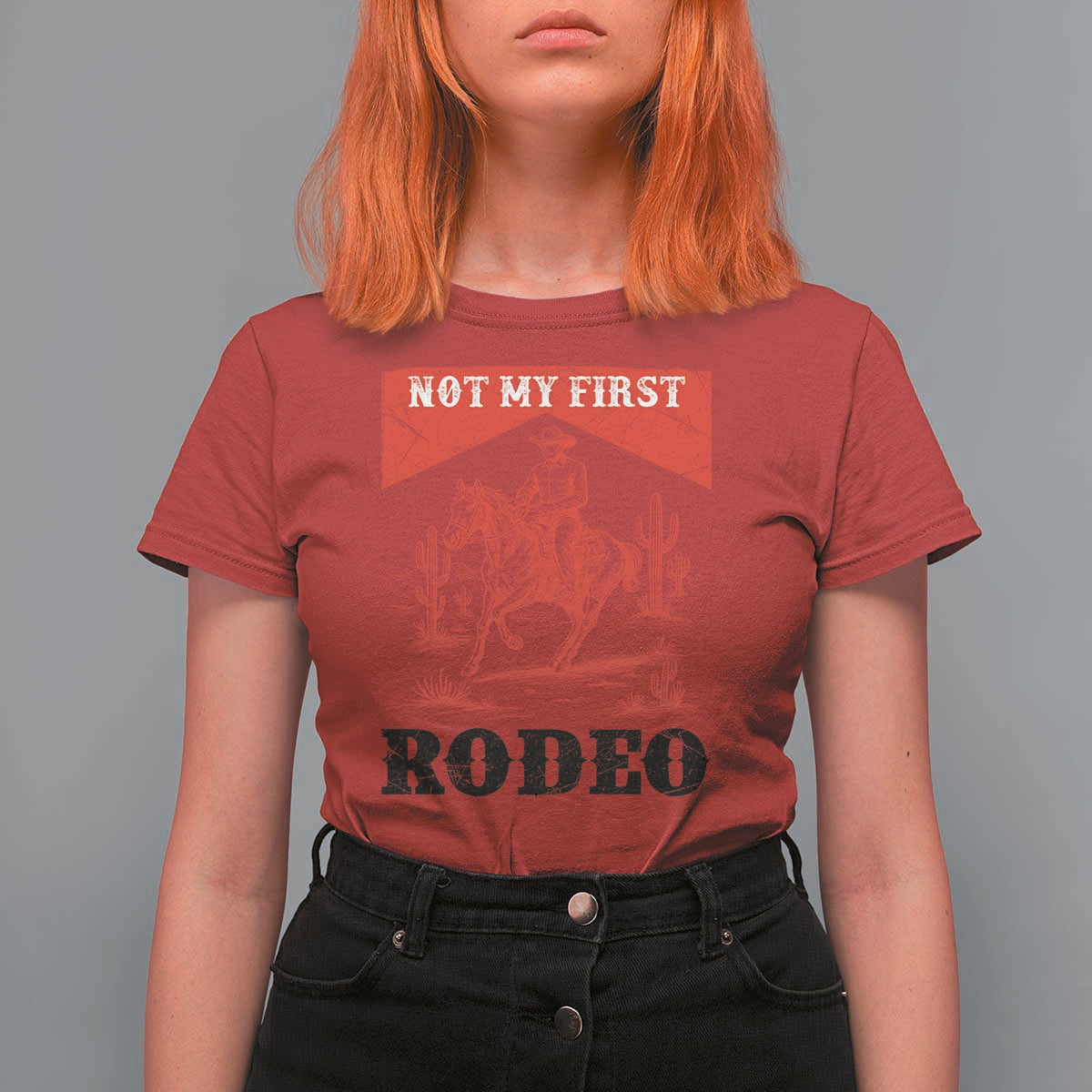 Not My First Rodeo Vintage Cowboy Graphic T Shirt For Women Retro Western Desert Scene with Horse and Cactus