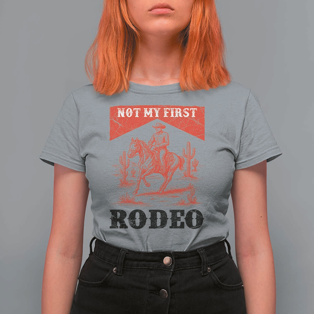 Not My First Rodeo Vintage Cowboy Graphic T Shirt For Women Retro Western Desert Scene with Horse and Cactus