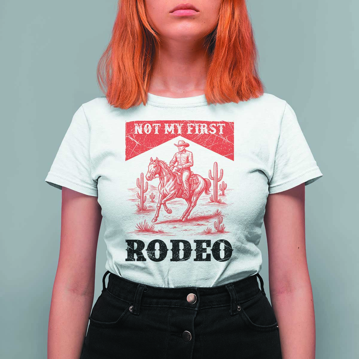 Not My First Rodeo Vintage Cowboy Graphic T Shirt For Women Retro Western Desert Scene with Horse and Cactus
