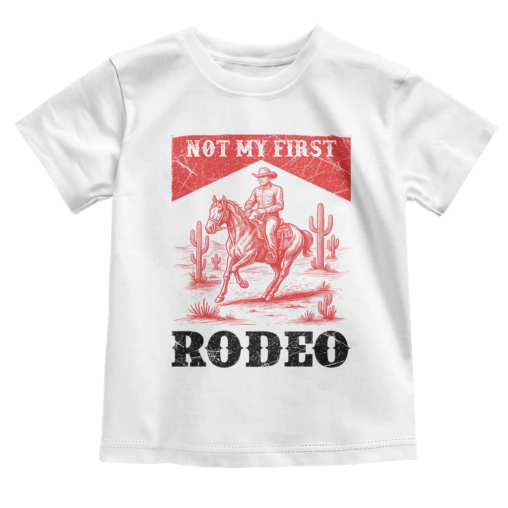 Not My First Rodeo Vintage Cowboy Graphic Toddler T Shirt Retro Western Desert Scene with Horse and Cactus