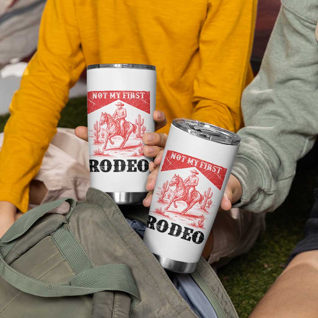 Not My First Rodeo Vintage Cowboy Graphic Tumbler Cup Retro Western Desert Scene with Horse and Cactus