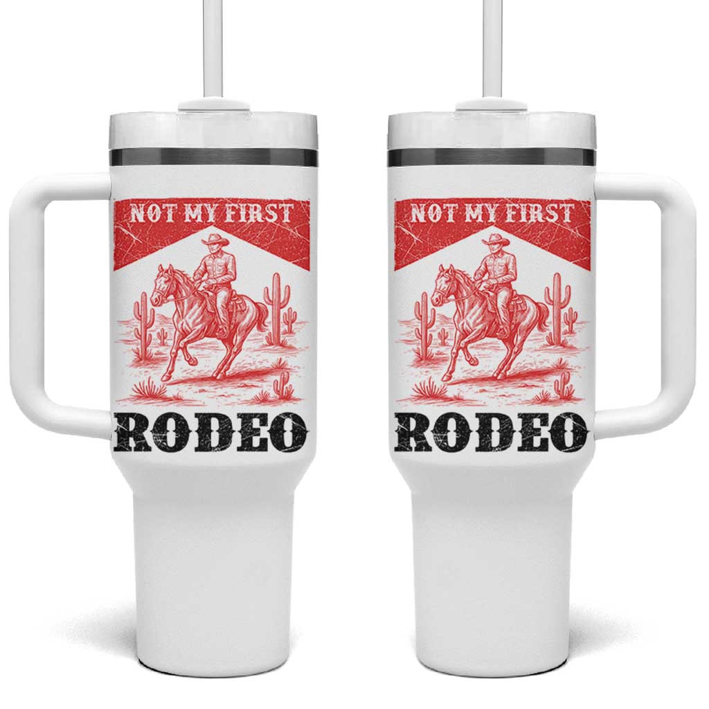 Not My First Rodeo Vintage Cowboy Graphic Tumbler With Handle Retro Western Desert Scene with Horse and Cactus