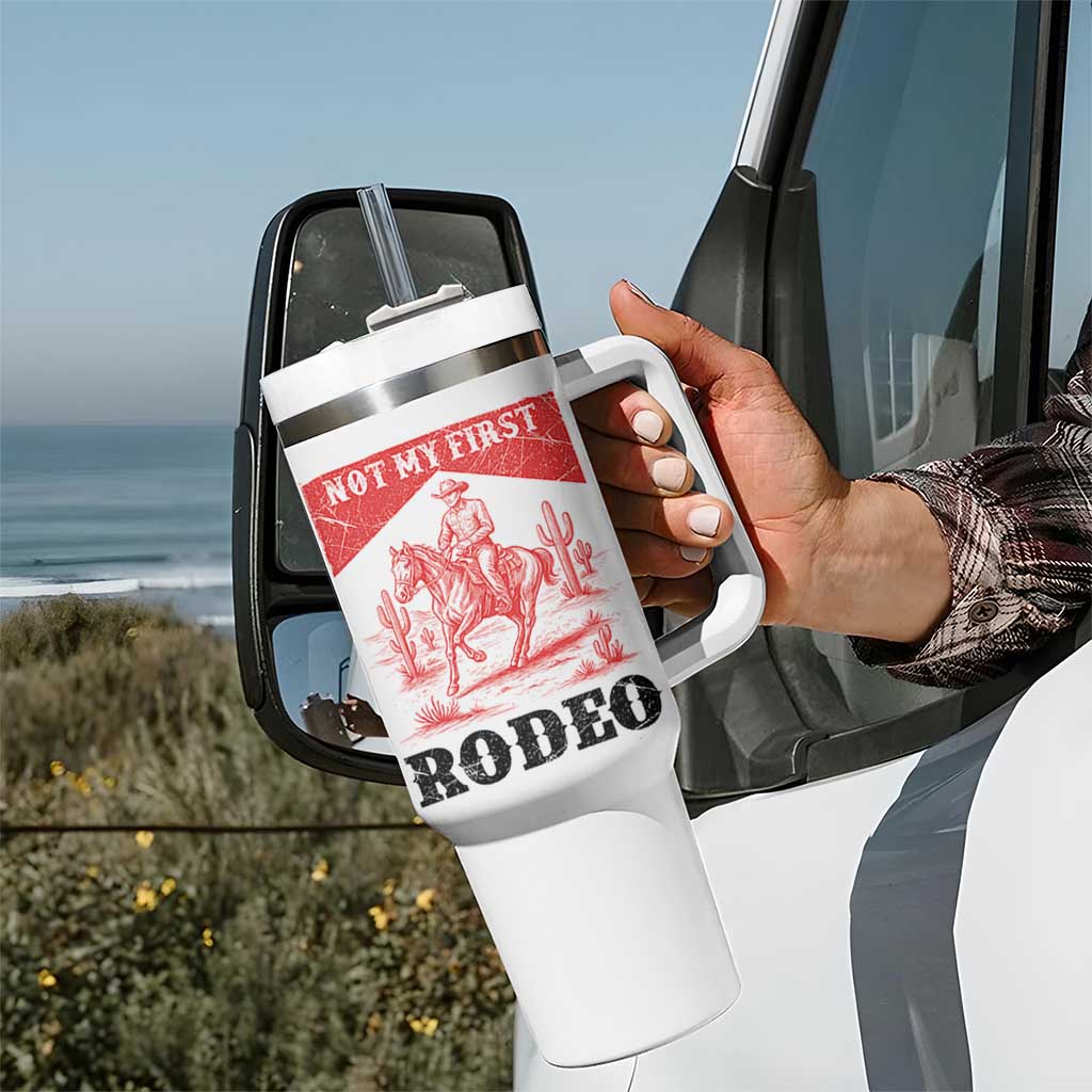 Not My First Rodeo Vintage Cowboy Graphic Tumbler With Handle Retro Western Desert Scene with Horse and Cactus