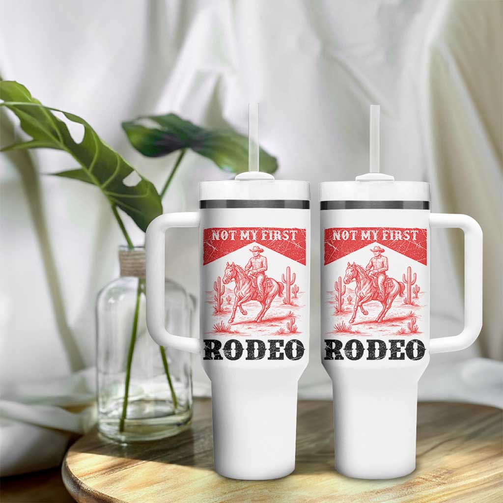 Not My First Rodeo Vintage Cowboy Graphic Tumbler With Handle Retro Western Desert Scene with Horse and Cactus