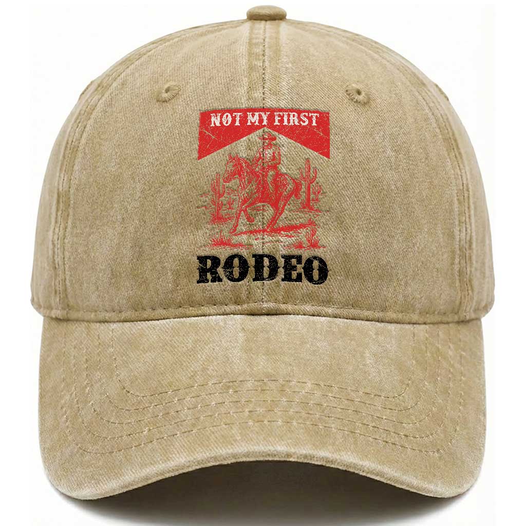 Not My First Rodeo Vintage Cowboy Graphic Washed Cotton Baseball Cap Retro Western Desert Scene with Horse and Cactus