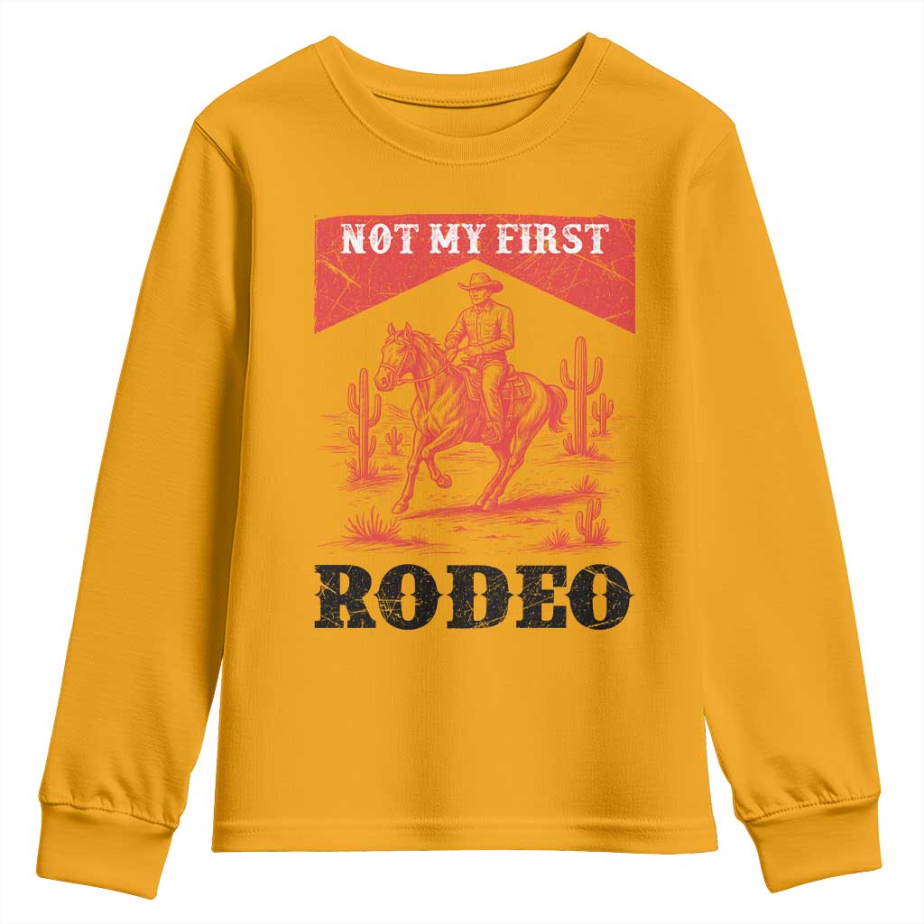 Not My First Rodeo Vintage Cowboy Graphic Youth Sweatshirt Retro Western Desert Scene with Horse and Cactus