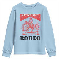 Not My First Rodeo Vintage Cowboy Graphic Youth Sweatshirt Retro Western Desert Scene with Horse and Cactus