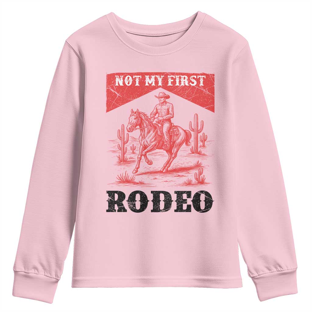 Not My First Rodeo Vintage Cowboy Graphic Youth Sweatshirt Retro Western Desert Scene with Horse and Cactus