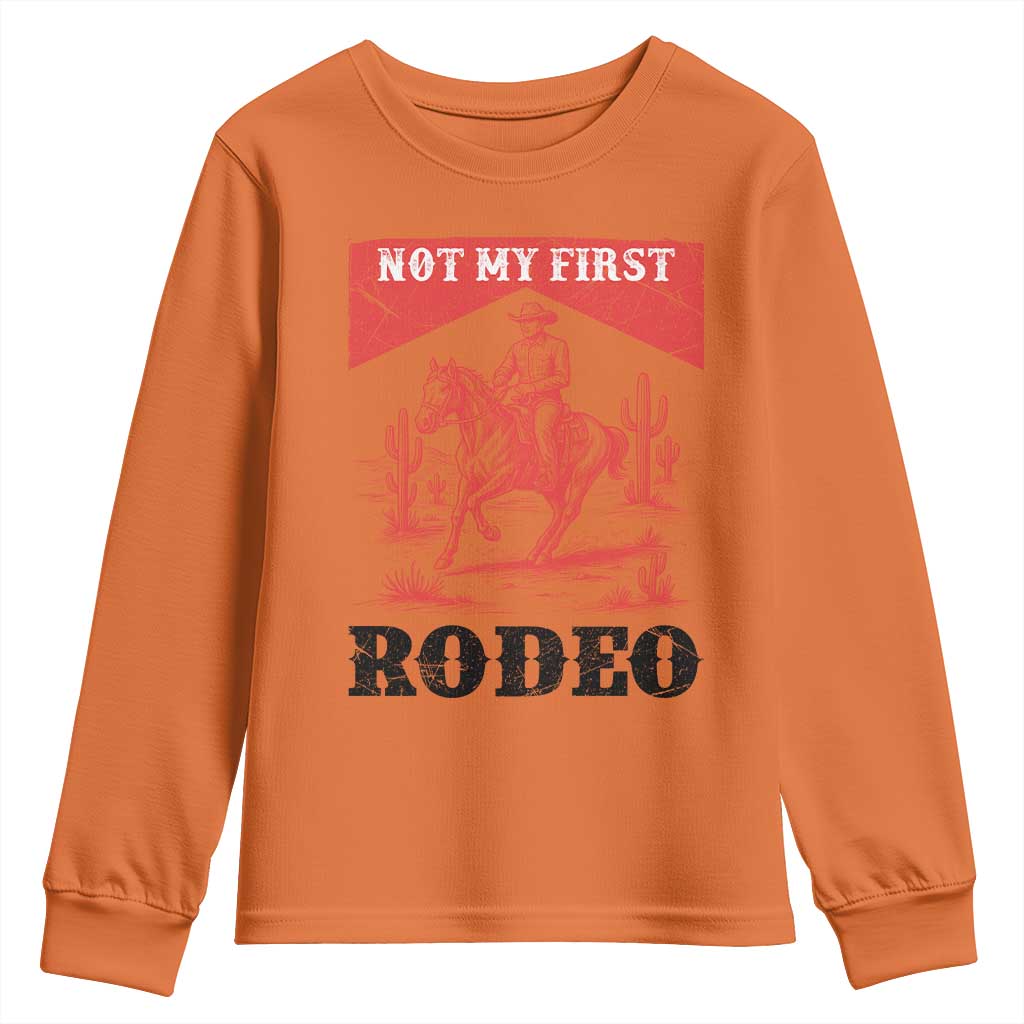 Not My First Rodeo Vintage Cowboy Graphic Youth Sweatshirt Retro Western Desert Scene with Horse and Cactus