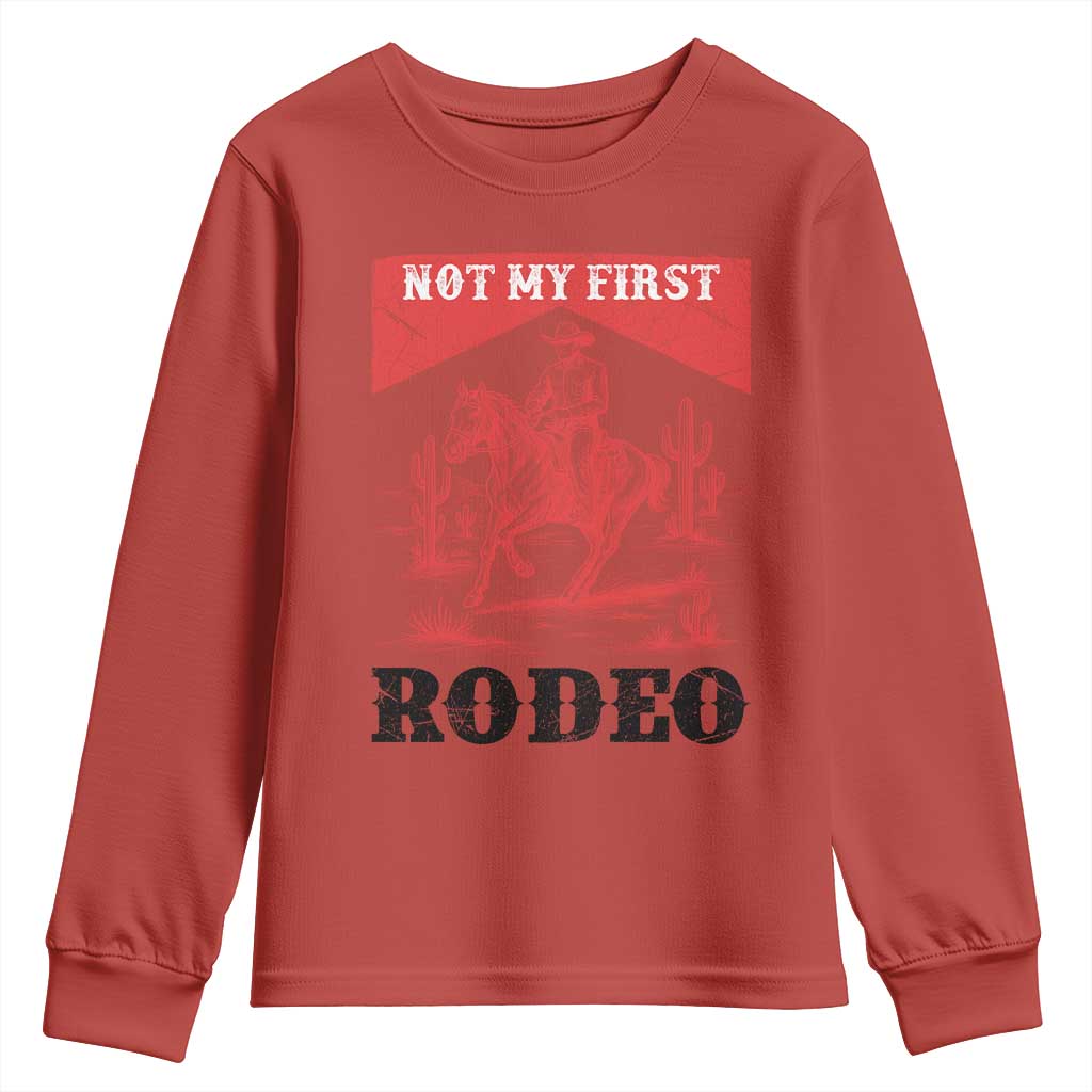 Not My First Rodeo Vintage Cowboy Graphic Youth Sweatshirt Retro Western Desert Scene with Horse and Cactus