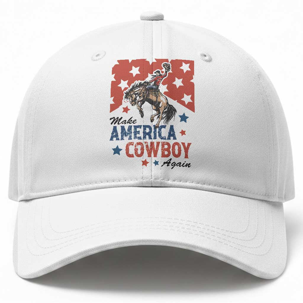 Make America Cowboy Again Patriotic Western Baseball Cap Bucking Bronco Star Spangled USA Flag Inspired Country
