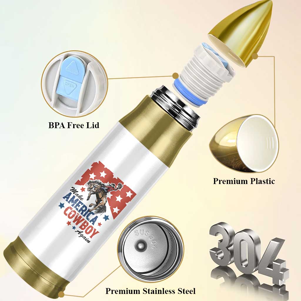 Make America Cowboy Again Patriotic Western Bullet Tumbler Bucking Bronco Star Spangled USA Flag Inspired Country