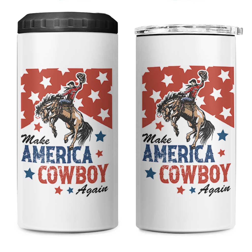 Make America Cowboy Again Patriotic Western 4 in 1 Can Cooler Tumbler Bucking Bronco Star Spangled USA Flag Inspired Country