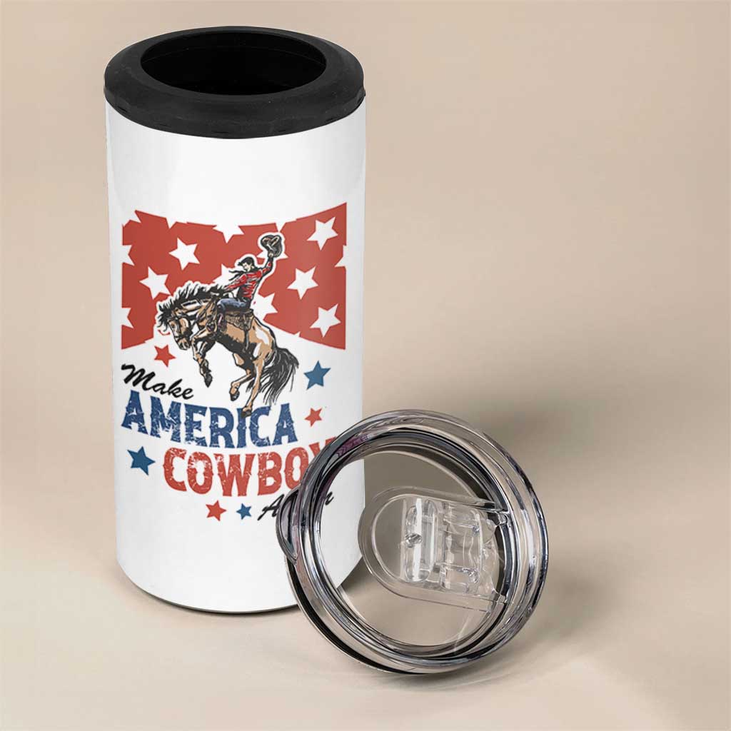 Make America Cowboy Again Patriotic Western 4 in 1 Can Cooler Tumbler Bucking Bronco Star Spangled USA Flag Inspired Country