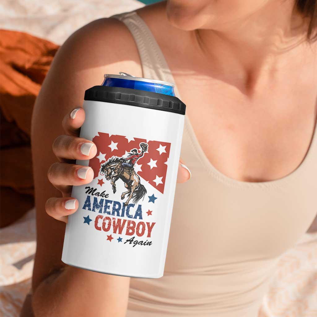 Make America Cowboy Again Patriotic Western 4 in 1 Can Cooler Tumbler Bucking Bronco Star Spangled USA Flag Inspired Country