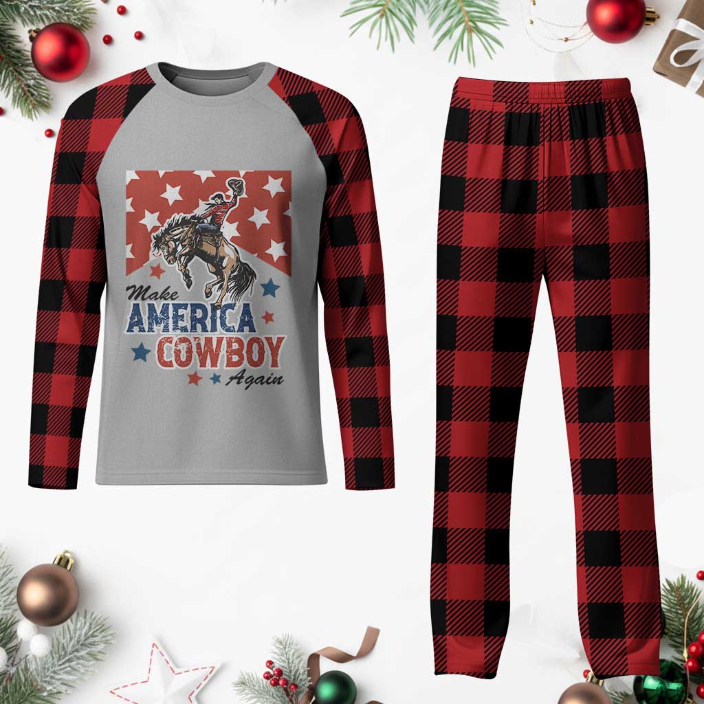 Make America Cowboy Again Patriotic Western Plaid Pajama Set Bucking Bronco Star Spangled USA Flag Inspired Country