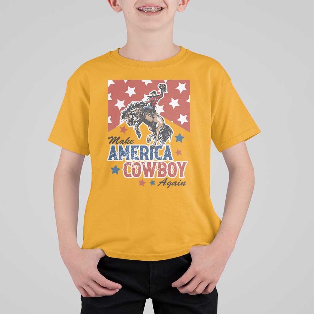 Make America Cowboy Again Patriotic Western T Shirt For Kid Bucking Bronco Star Spangled USA Flag Inspired Country