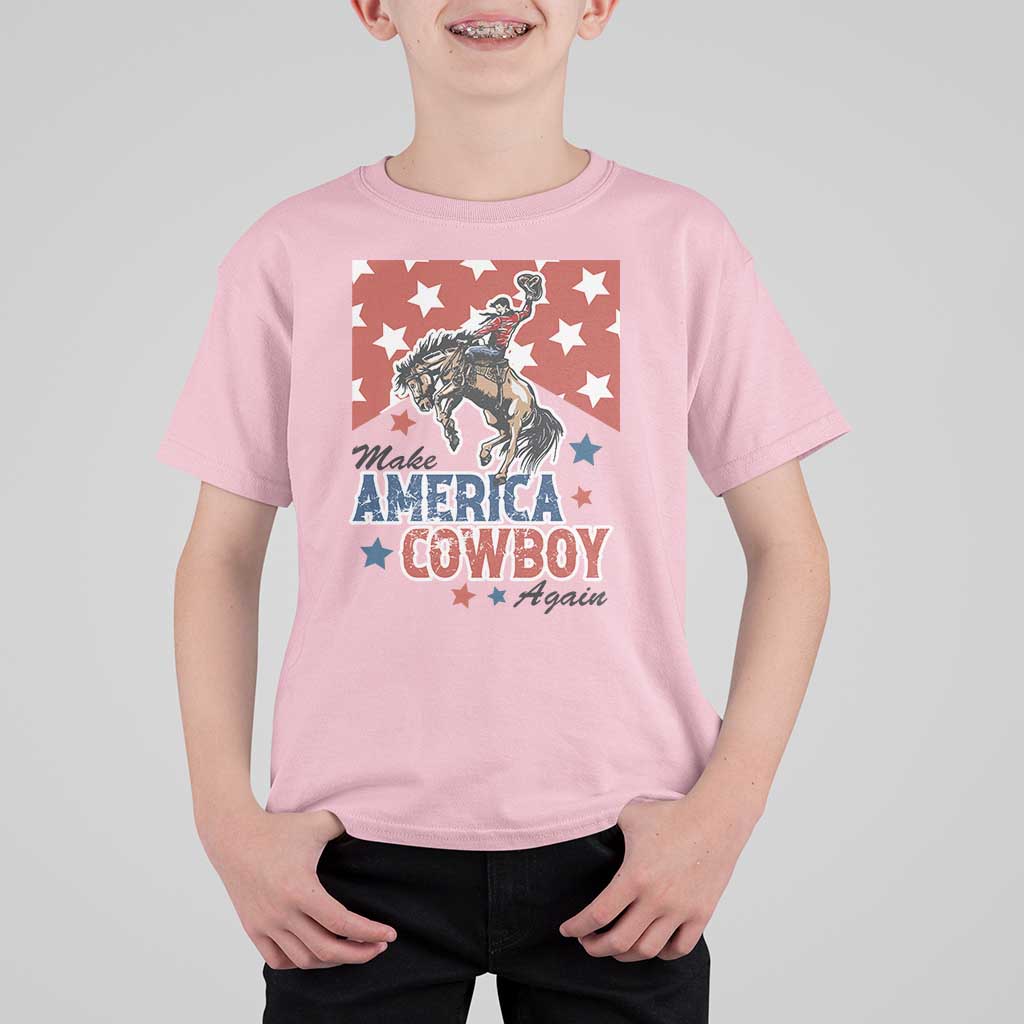 Make America Cowboy Again Patriotic Western T Shirt For Kid Bucking Bronco Star Spangled USA Flag Inspired Country