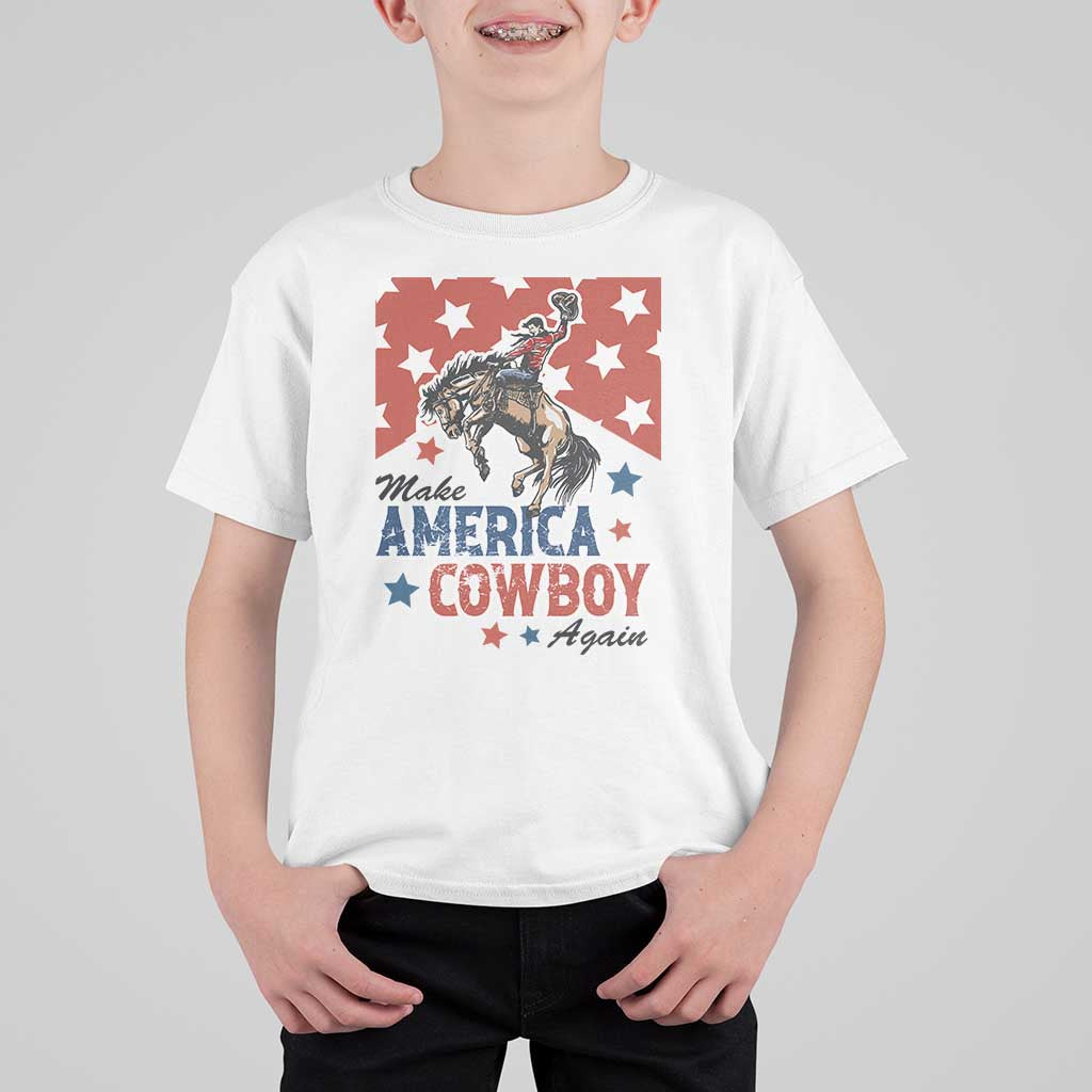 Make America Cowboy Again Patriotic Western T Shirt For Kid Bucking Bronco Star Spangled USA Flag Inspired Country