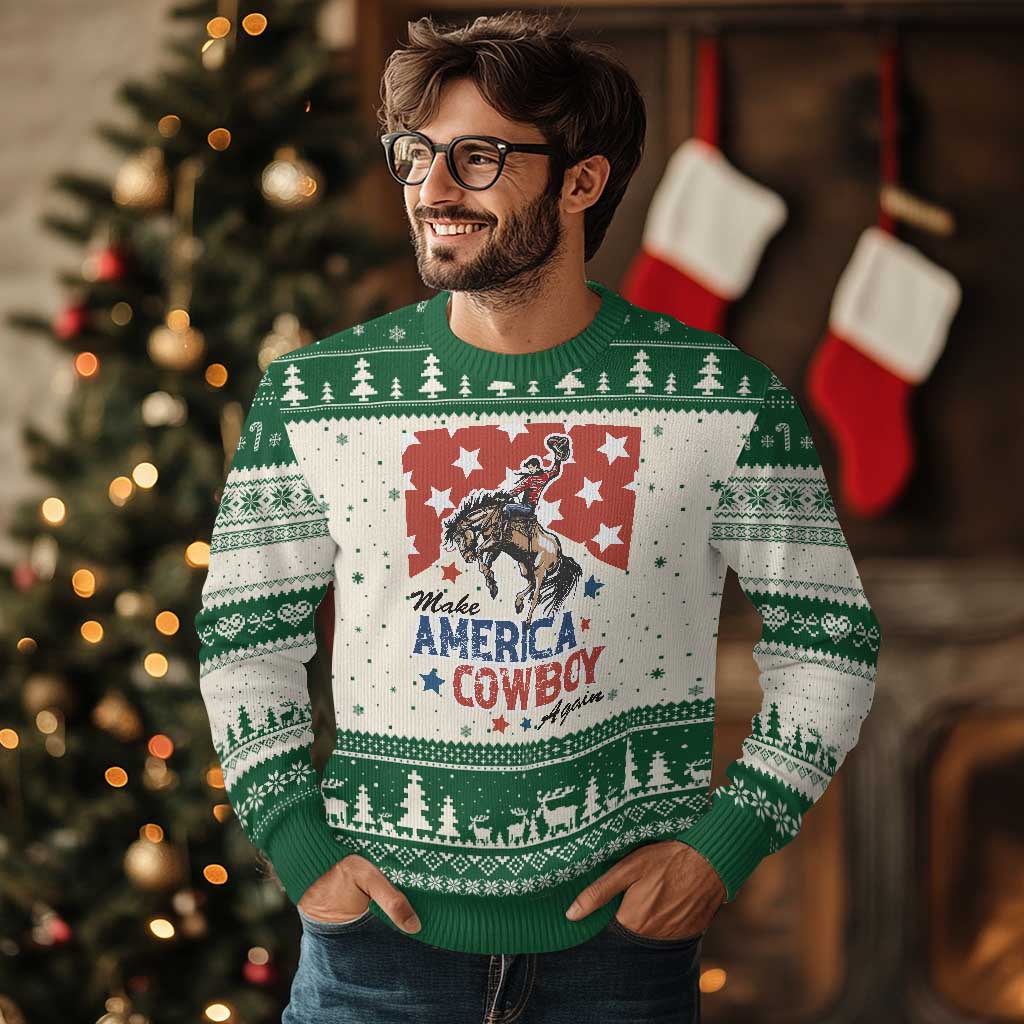 Make America Cowboy Again Patriotic Western Ugly Christmas Sweater Bucking Bronco Star Spangled USA Flag Inspired Country