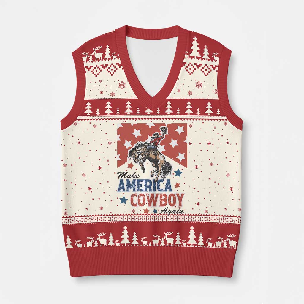 Make America Cowboy Again Patriotic Western V-Neck Knit Sweater Vest Bucking Bronco Star Spangled USA Flag Inspired Country