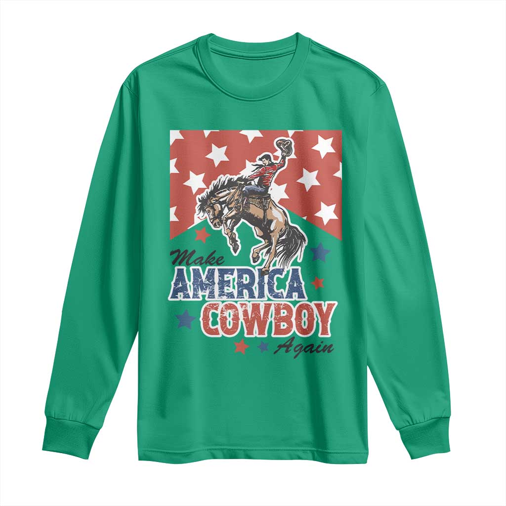Make America Cowboy Again Patriotic Western Long Sleeve Shirt Bucking Bronco Star Spangled USA Flag Inspired Country