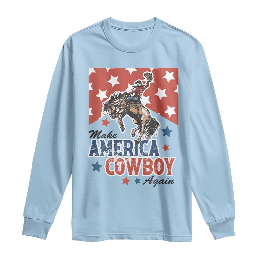 Make America Cowboy Again Patriotic Western Long Sleeve Shirt Bucking Bronco Star Spangled USA Flag Inspired Country