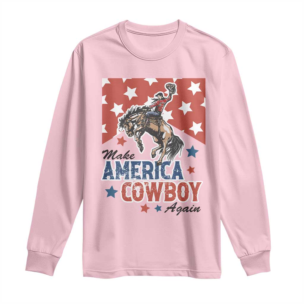 Make America Cowboy Again Patriotic Western Long Sleeve Shirt Bucking Bronco Star Spangled USA Flag Inspired Country