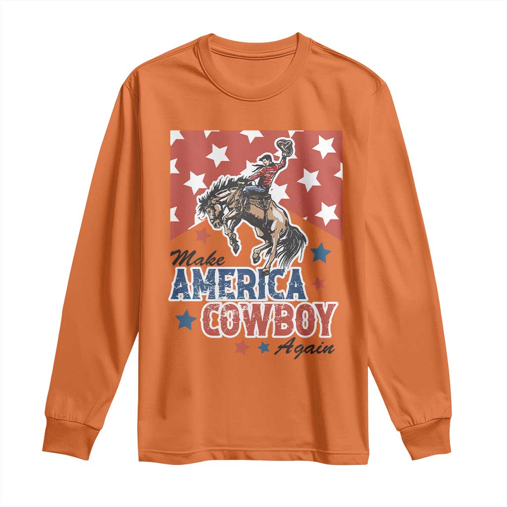 Make America Cowboy Again Patriotic Western Long Sleeve Shirt Bucking Bronco Star Spangled USA Flag Inspired Country