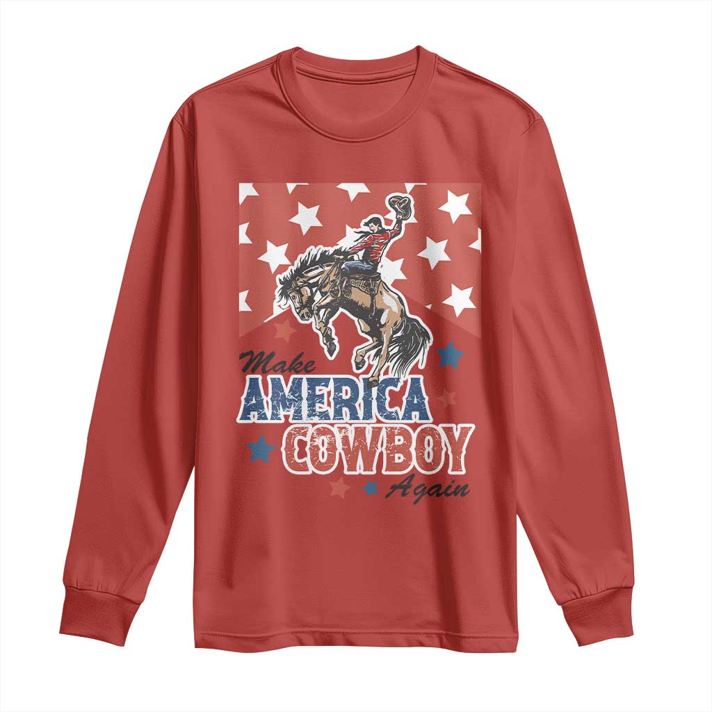 Make America Cowboy Again Patriotic Western Long Sleeve Shirt Bucking Bronco Star Spangled USA Flag Inspired Country