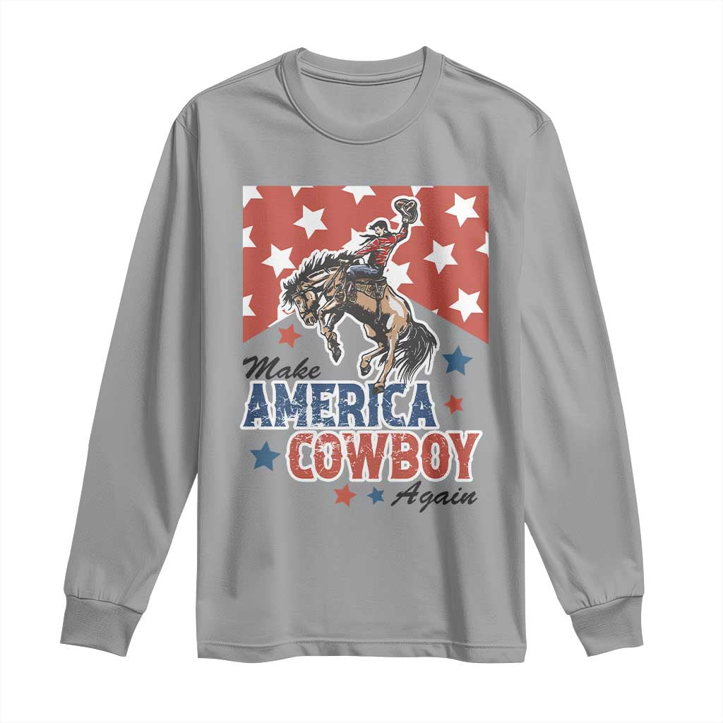 Make America Cowboy Again Patriotic Western Long Sleeve Shirt Bucking Bronco Star Spangled USA Flag Inspired Country