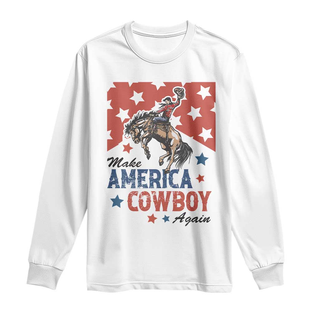 Make America Cowboy Again Patriotic Western Long Sleeve Shirt Bucking Bronco Star Spangled USA Flag Inspired Country