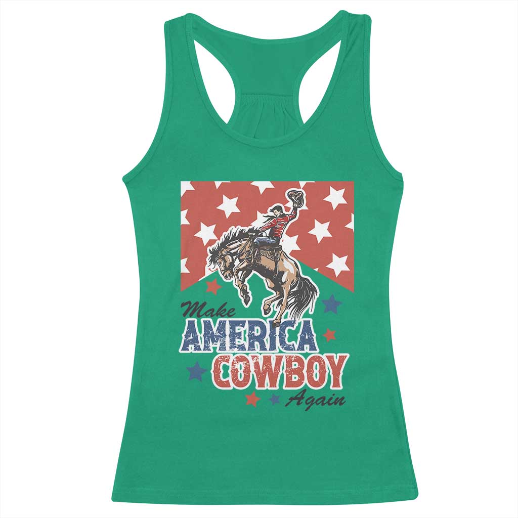 Make America Cowboy Again Patriotic Western Racerback Tank Top Bucking Bronco Star Spangled USA Flag Inspired Country