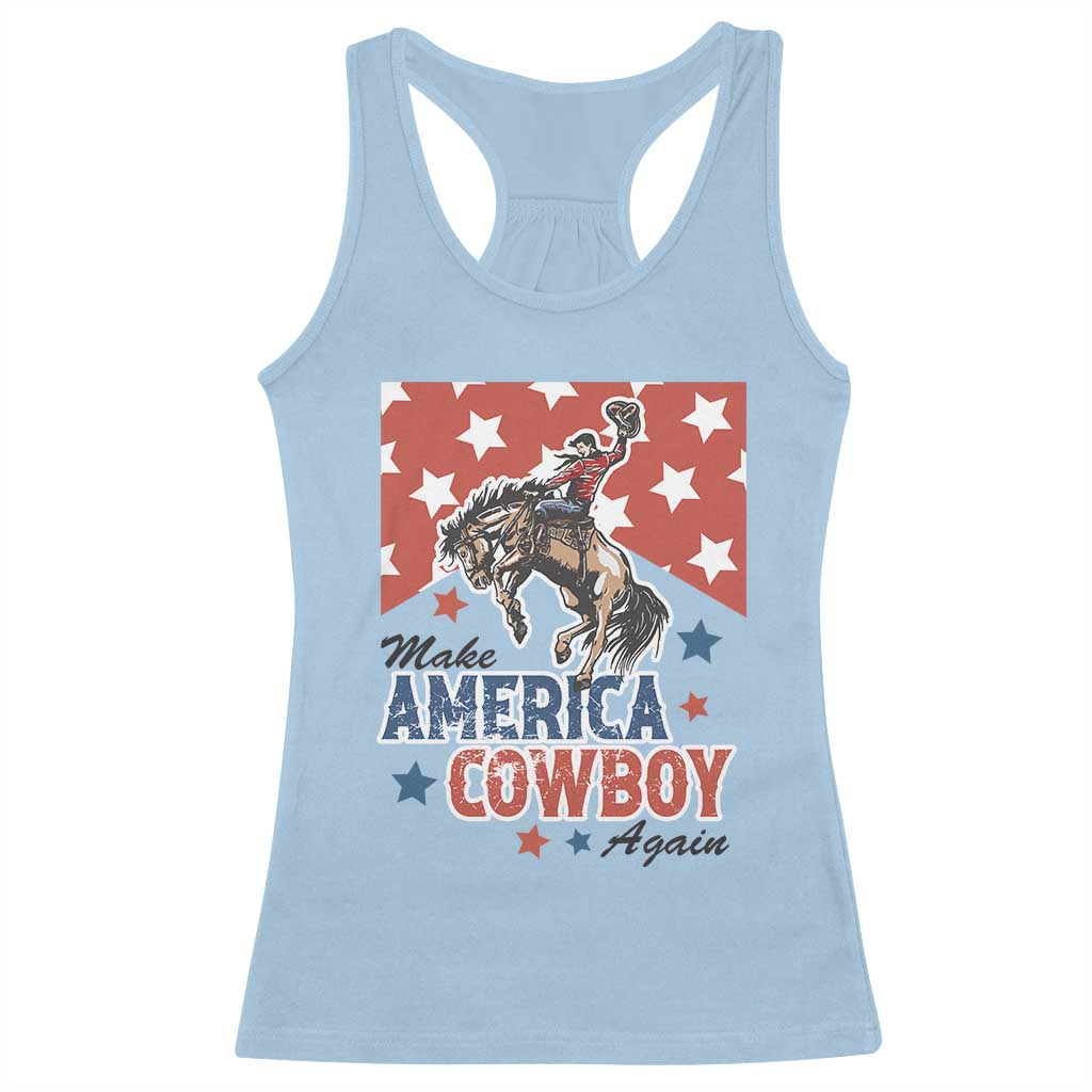 Make America Cowboy Again Patriotic Western Racerback Tank Top Bucking Bronco Star Spangled USA Flag Inspired Country