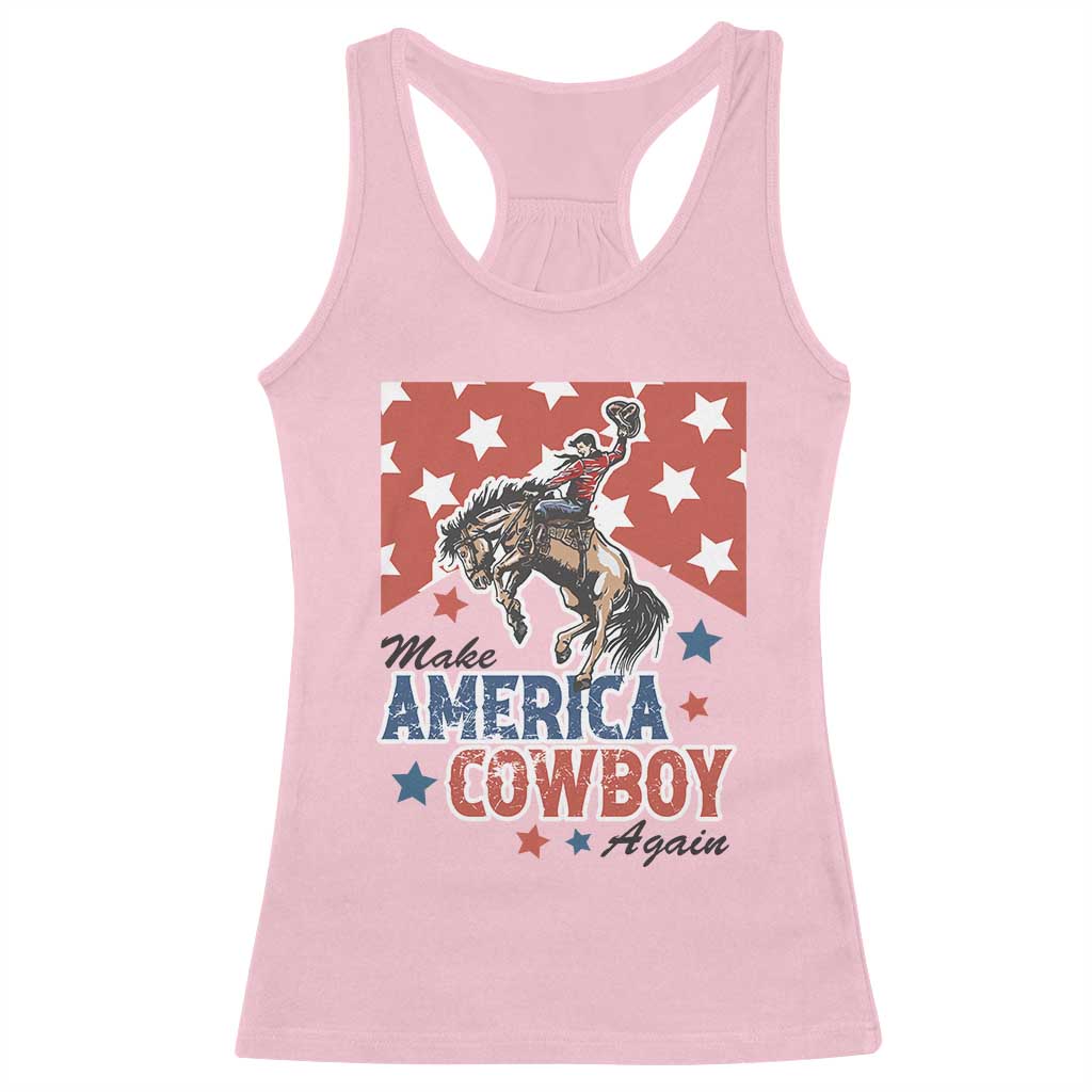 Make America Cowboy Again Patriotic Western Racerback Tank Top Bucking Bronco Star Spangled USA Flag Inspired Country
