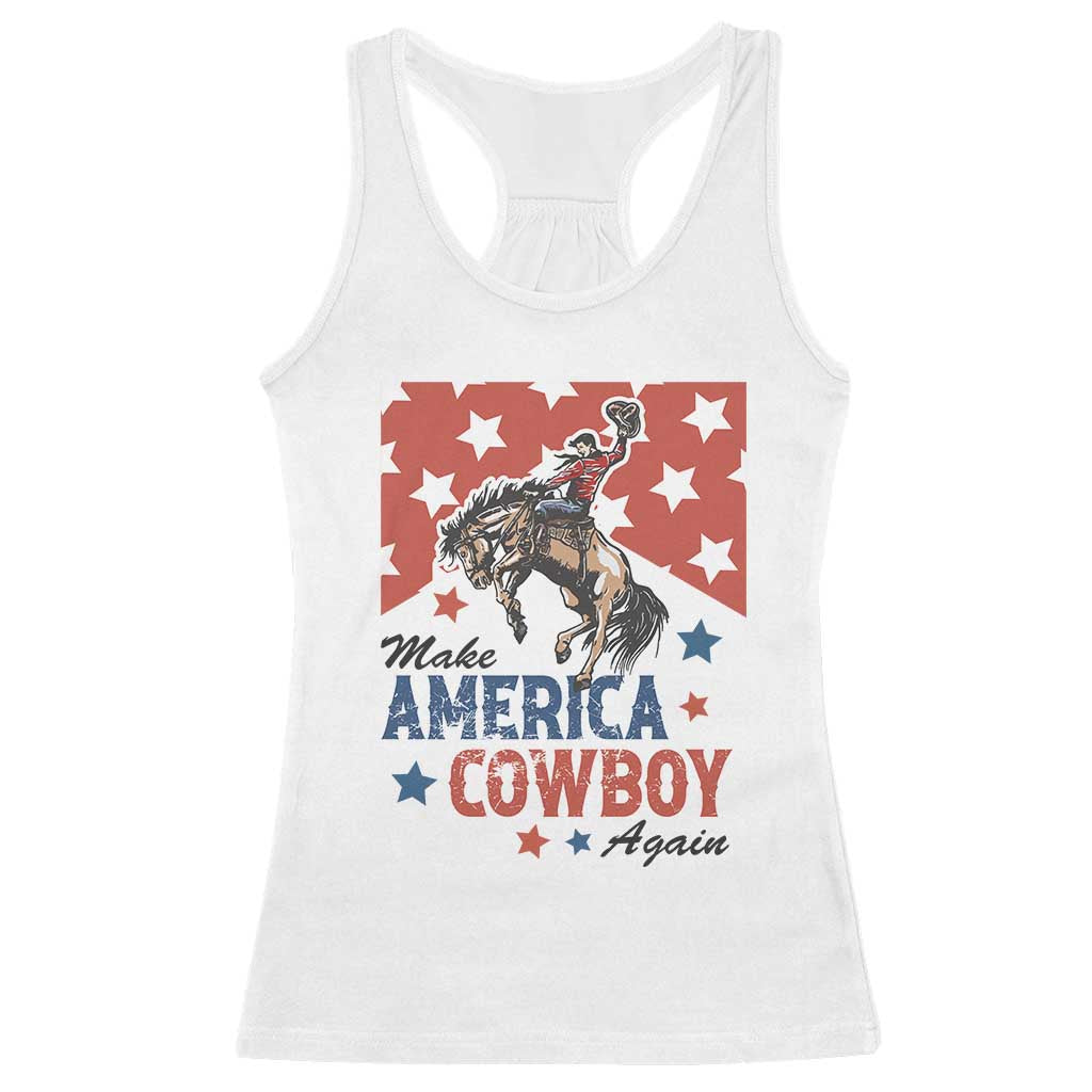 Make America Cowboy Again Patriotic Western Racerback Tank Top Bucking Bronco Star Spangled USA Flag Inspired Country