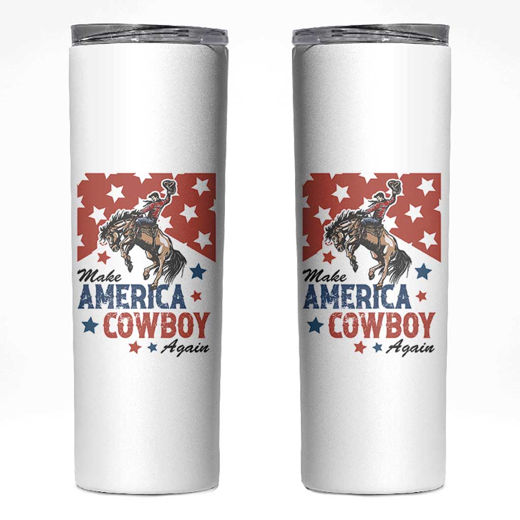 Make America Cowboy Again Patriotic Western Skinny Tumbler Bucking Bronco Star Spangled USA Flag Inspired Country