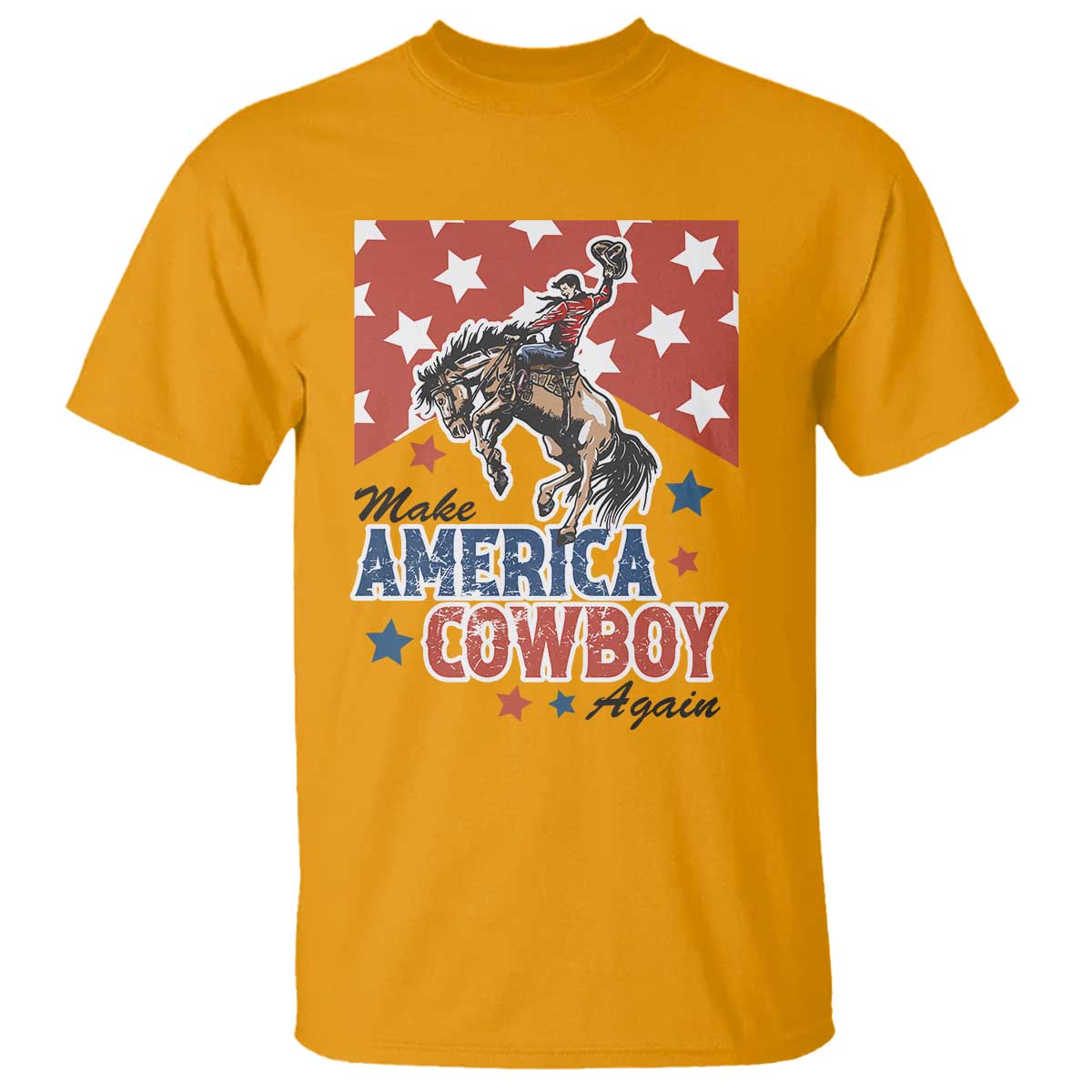 Make America Cowboy Again Patriotic Western T Shirt Bucking Bronco Star Spangled USA Flag Inspired Country