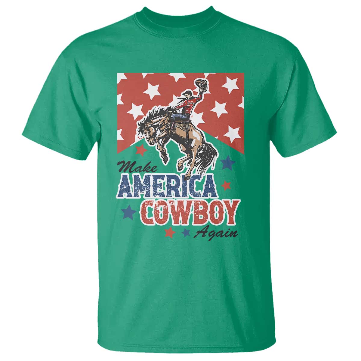 Make America Cowboy Again Patriotic Western T Shirt Bucking Bronco Star Spangled USA Flag Inspired Country