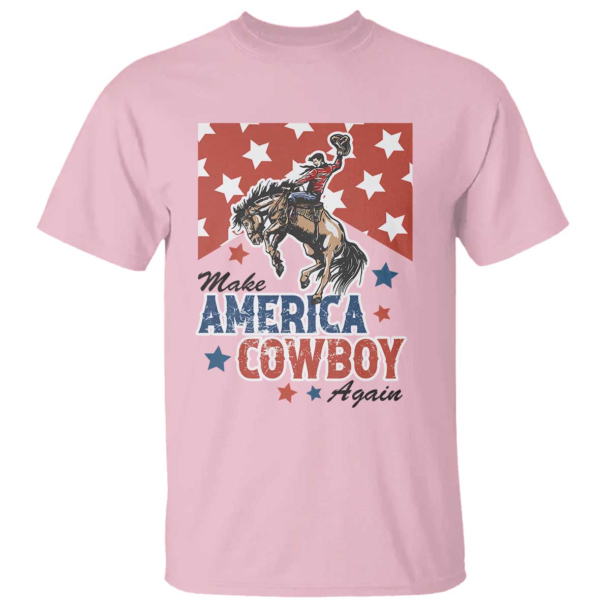 Make America Cowboy Again Patriotic Western T Shirt Bucking Bronco Star Spangled USA Flag Inspired Country