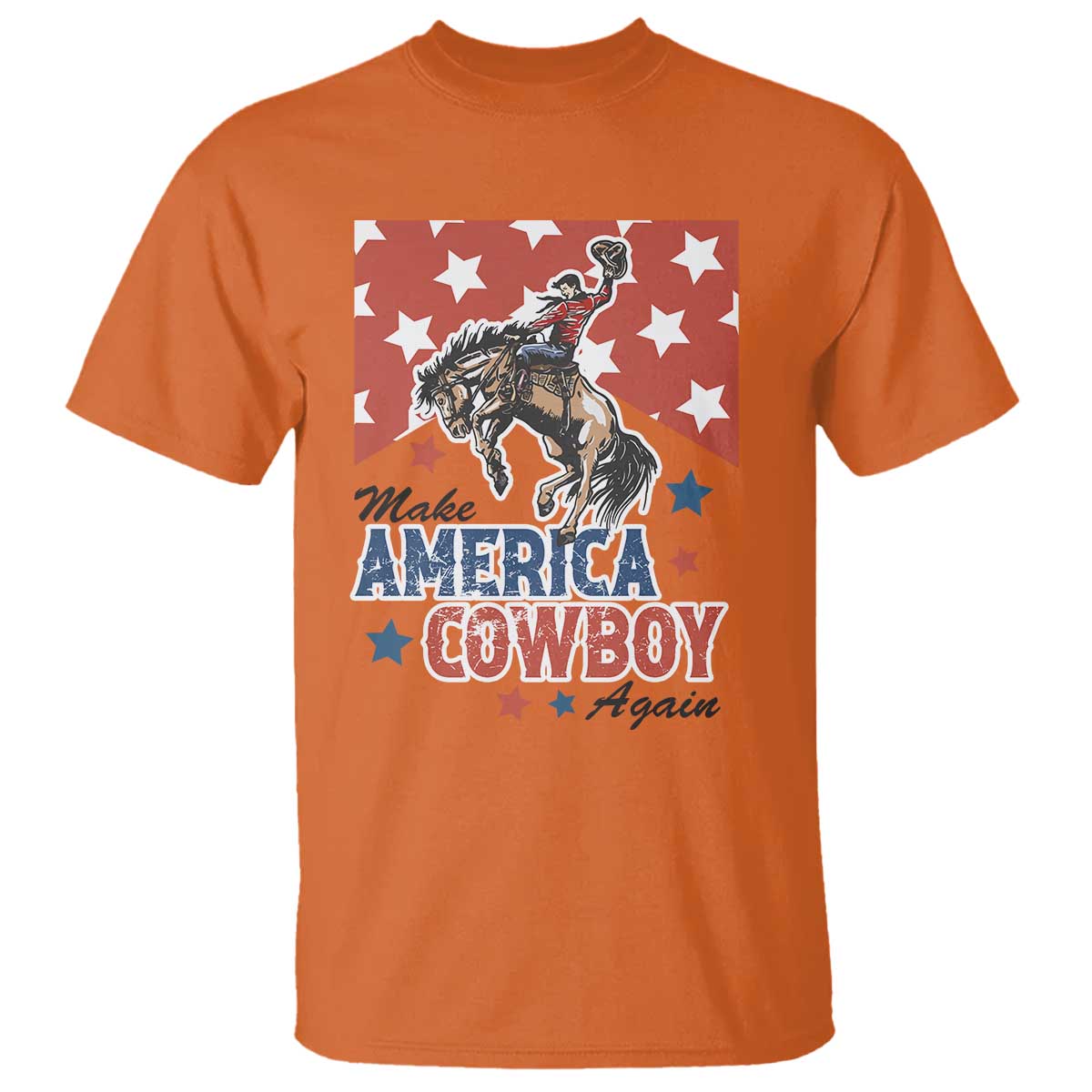 Make America Cowboy Again Patriotic Western T Shirt Bucking Bronco Star Spangled USA Flag Inspired Country