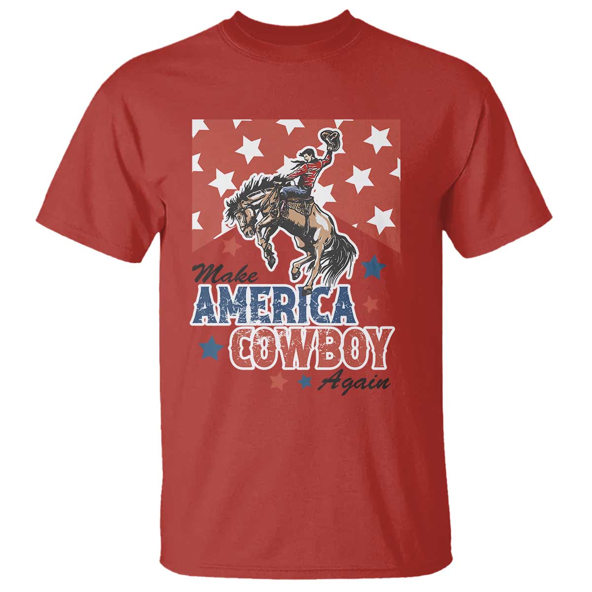 Make America Cowboy Again Patriotic Western T Shirt Bucking Bronco Star Spangled USA Flag Inspired Country