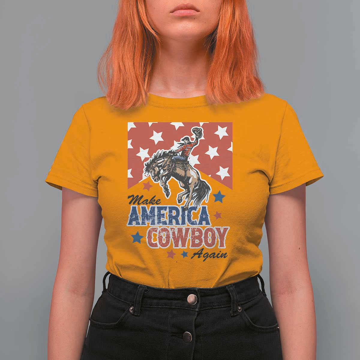 Make America Cowboy Again Patriotic Western T Shirt For Women Bucking Bronco Star Spangled USA Flag Inspired Country