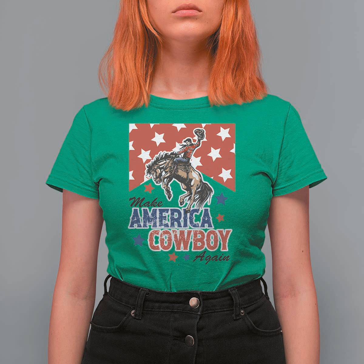 Make America Cowboy Again Patriotic Western T Shirt For Women Bucking Bronco Star Spangled USA Flag Inspired Country