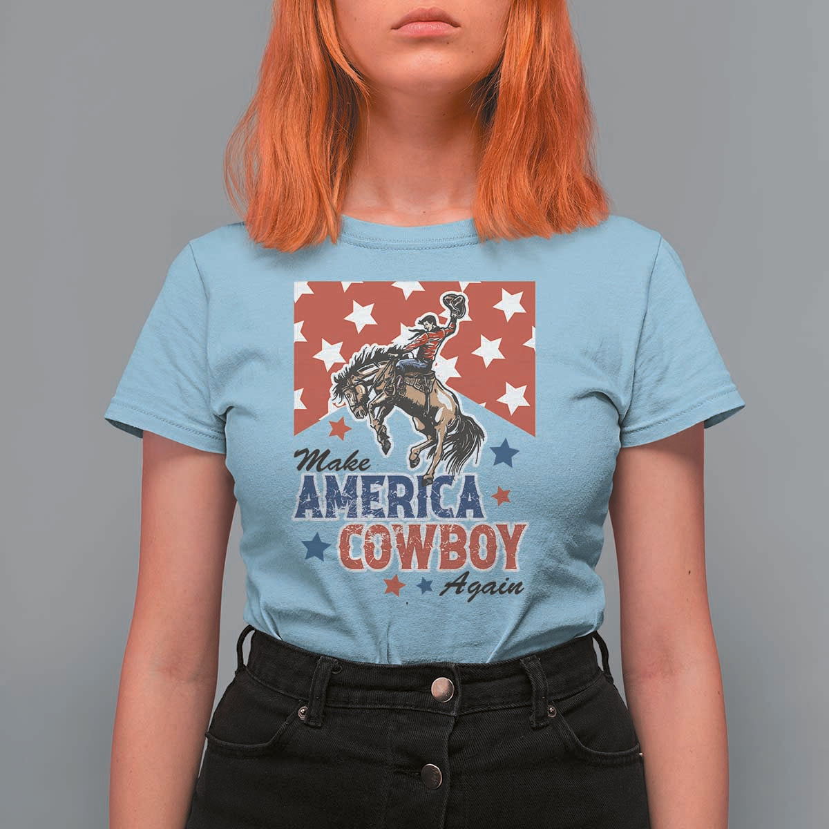Make America Cowboy Again Patriotic Western T Shirt For Women Bucking Bronco Star Spangled USA Flag Inspired Country