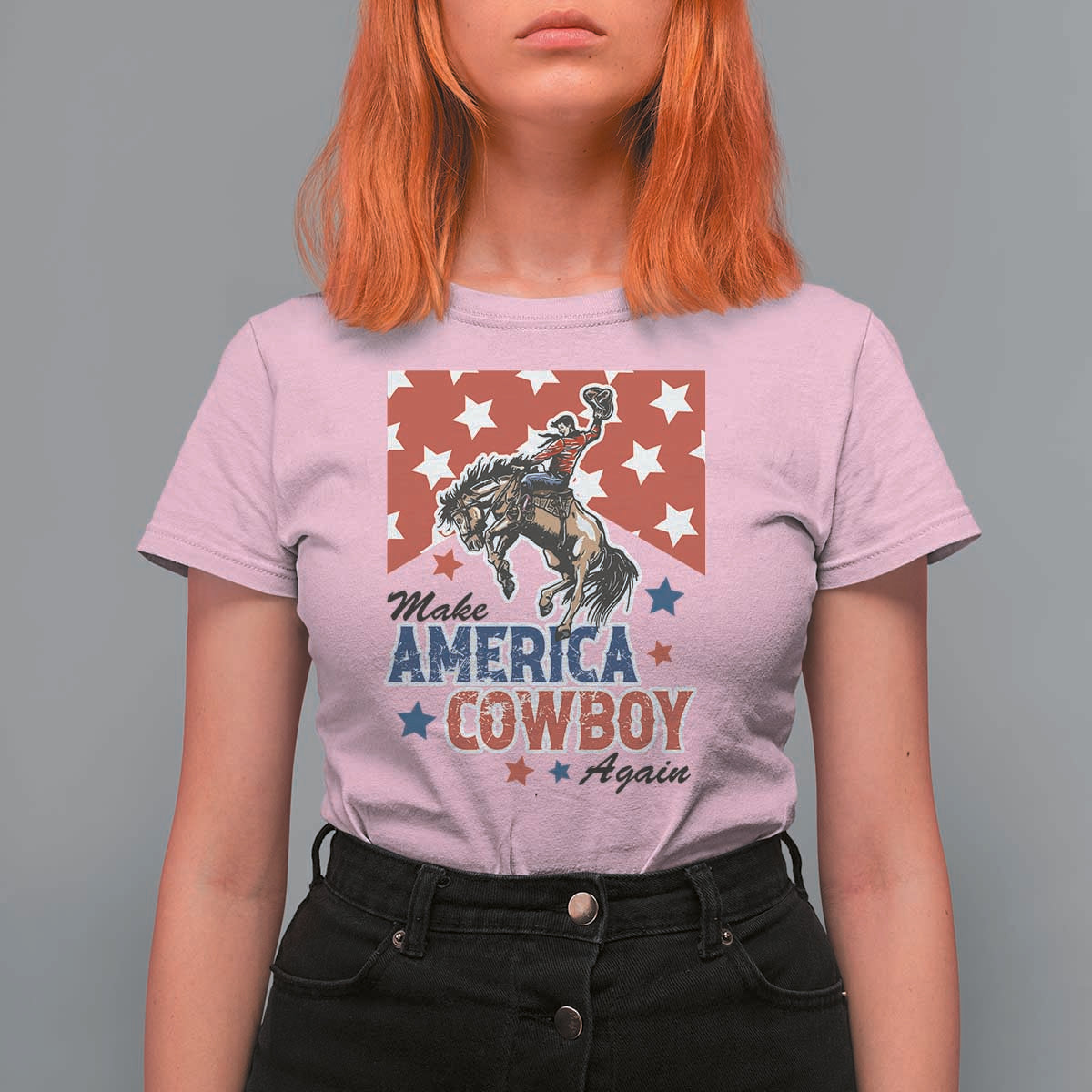 Make America Cowboy Again Patriotic Western T Shirt For Women Bucking Bronco Star Spangled USA Flag Inspired Country